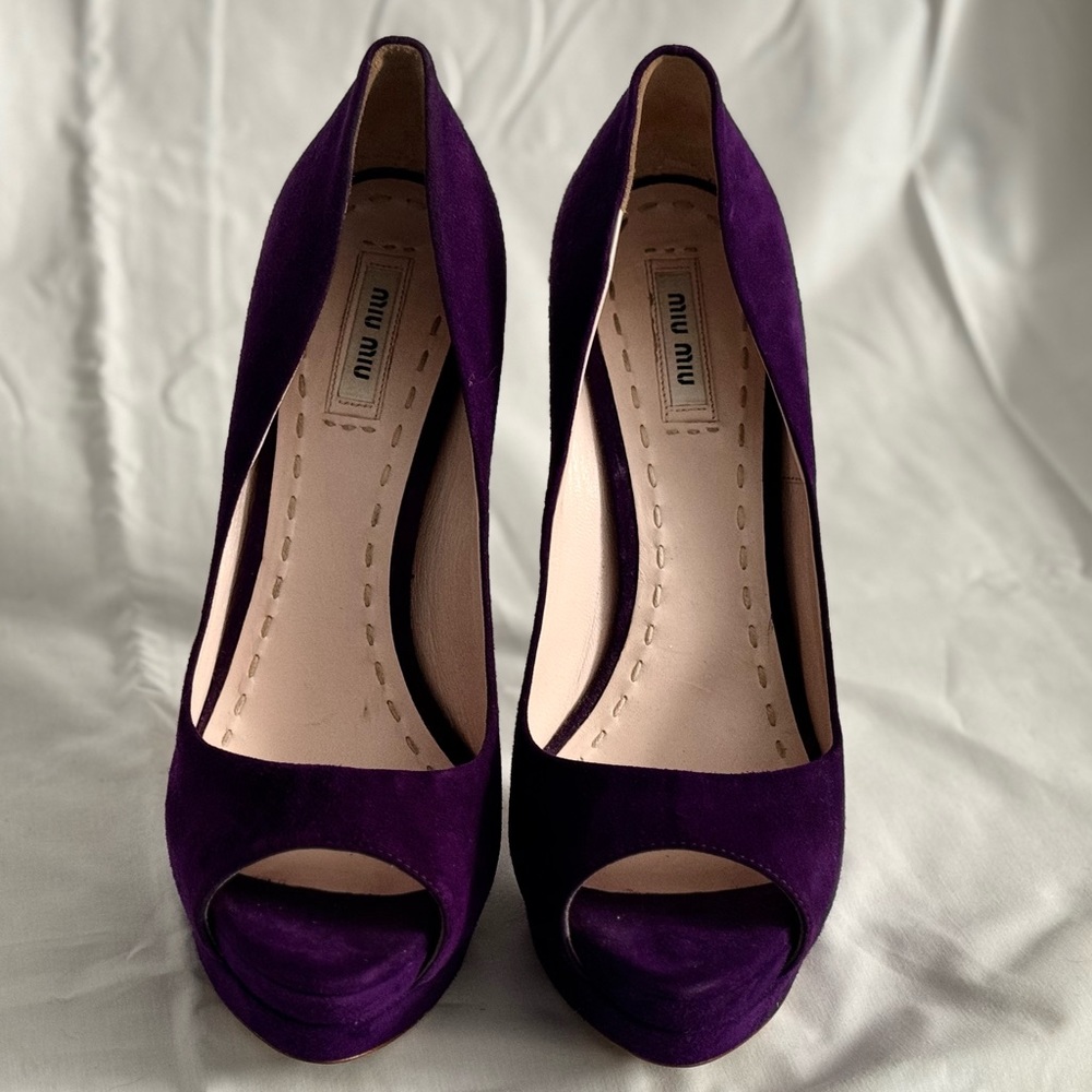 Miu Miu SZ 40 purple suede peep toe 5 in heel - Picture 5 of 16